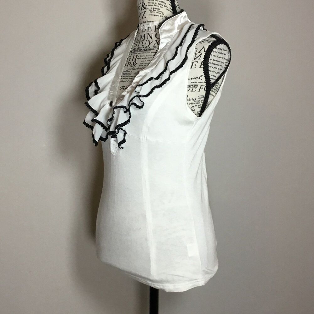 Mustard Seed sleeveless ruffle blouse white with black satin vee neck feminine S - Picture 3 of 5
